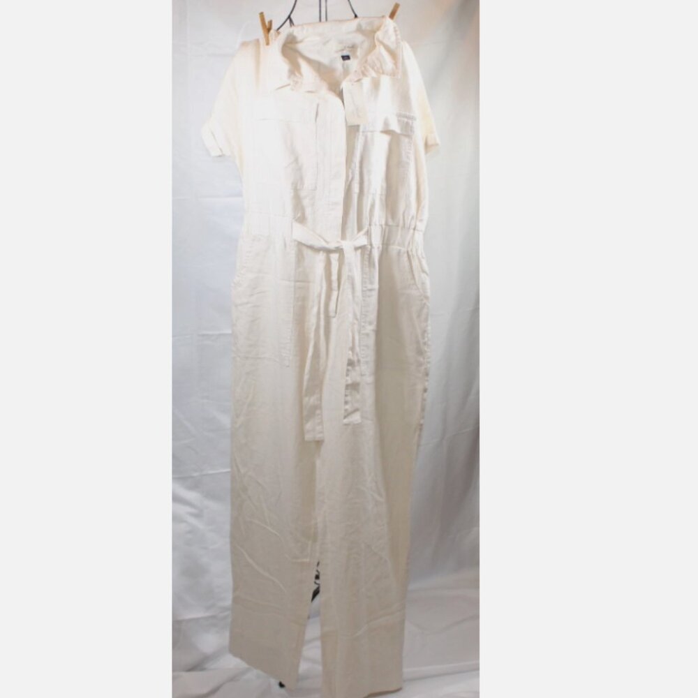 Off White Jumpsuit One-Piece Button Front Pantsuit Sz 10 NWT Overalls Linen